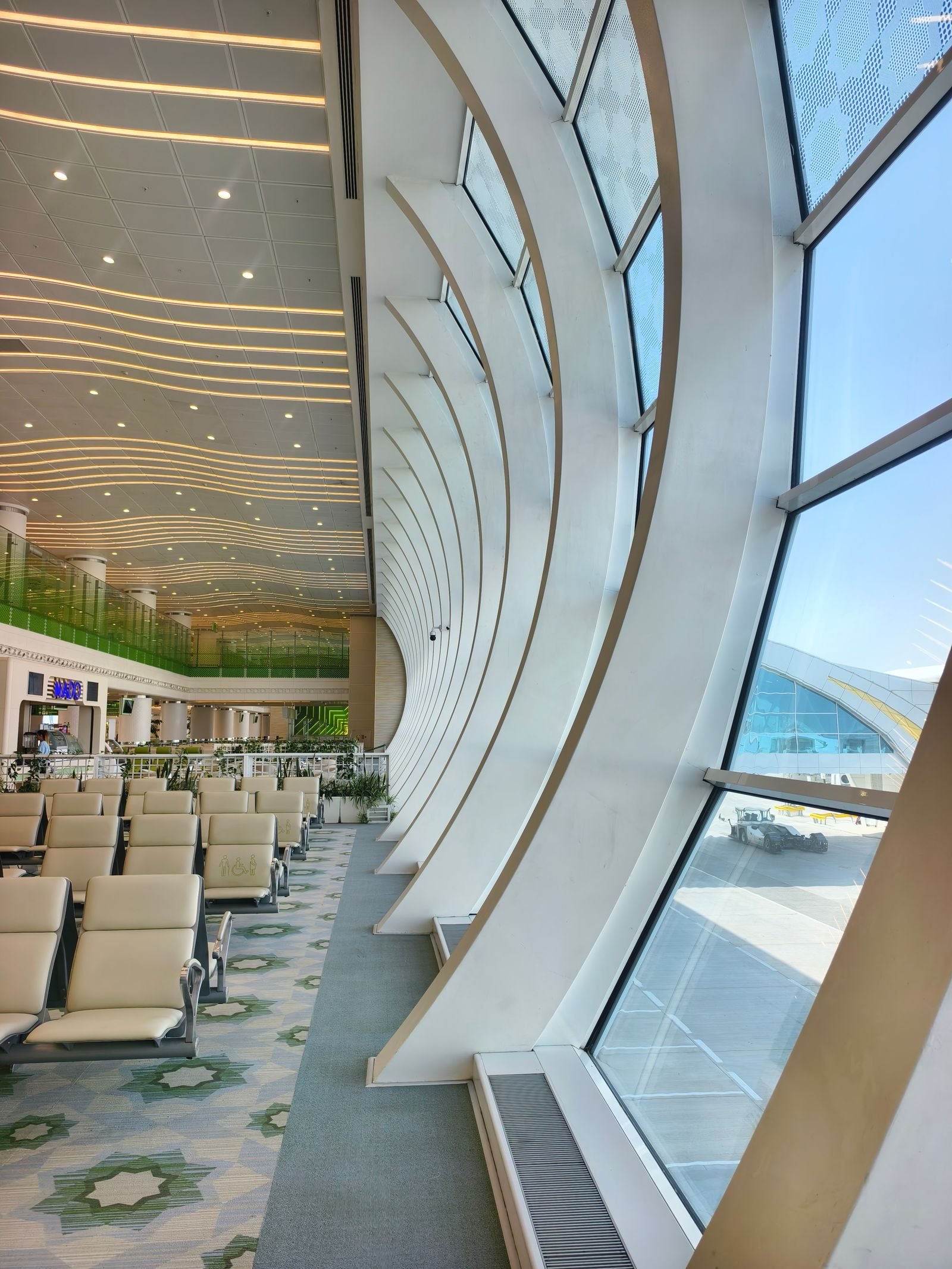 The curved roof of a terminal building.