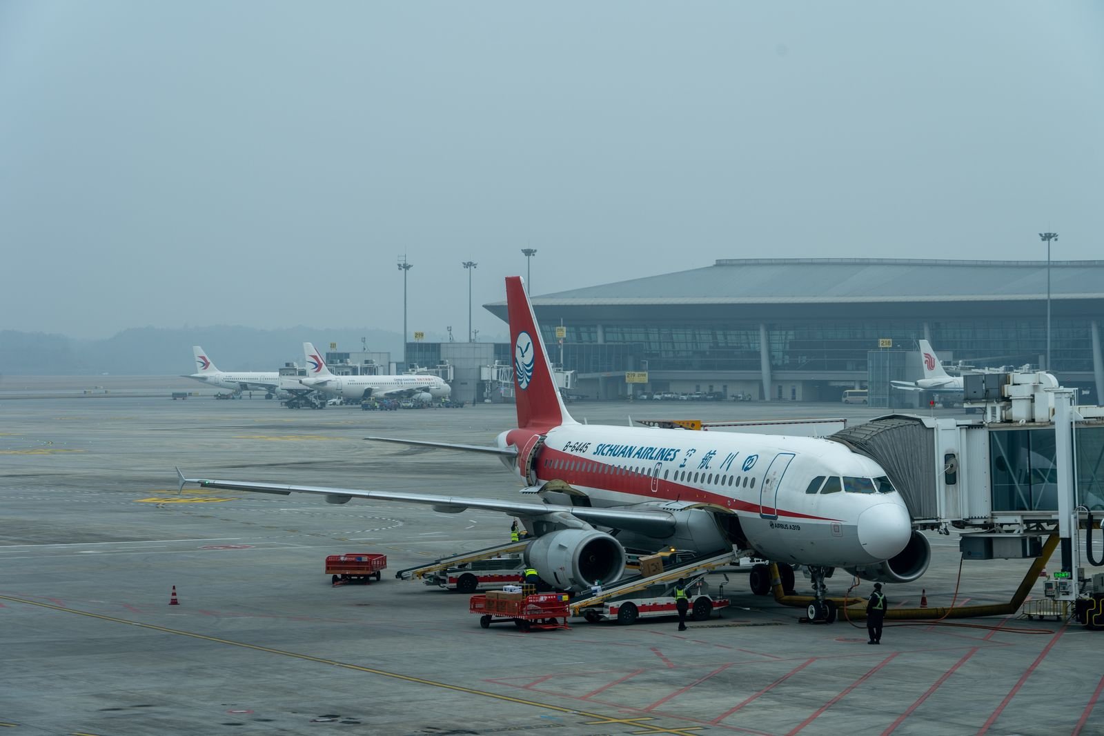 An aircraft at a jet bridge.